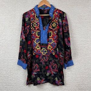 Key‎ Lime & Pink Top Womens M Black Paisley Embroidered Bohemian Split Hem Tunic